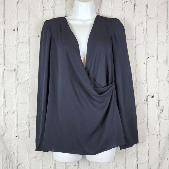 Vanessa Bruno solid black silk long sleeve cross drapey faux wrap blouse top - Picture 9 of 9